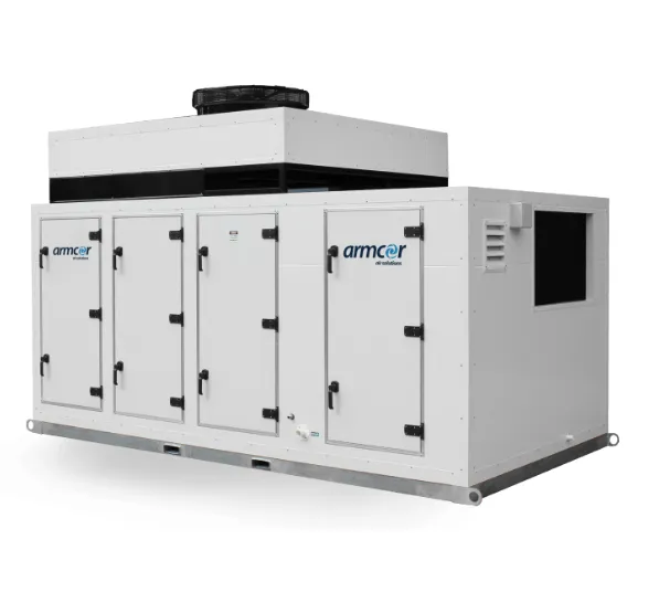 Large commercial air handling unit with multiple access panels and top-mounted fan assembly