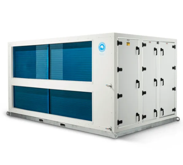 Industrial chiller unit with blue vent panels and multiple access doors on the side, white frame on a white background.