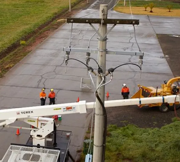 Utility workers in orange vests stand beside a bucket truck and power lines on a finished road, performing maintenance on a utility pole.